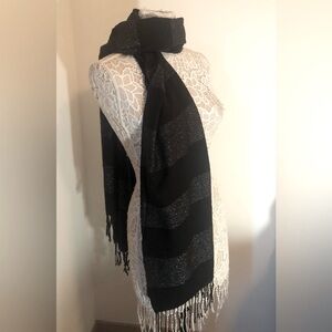 Oversized fashion scarf Black and Metallic silver stripes with f…